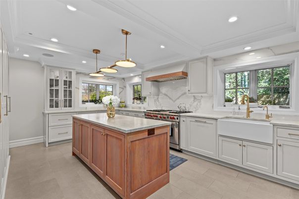 Interior, Kitchen, Marble Walls, Pendant Lights, Recessed Lighting, Stainless Steel Appliances