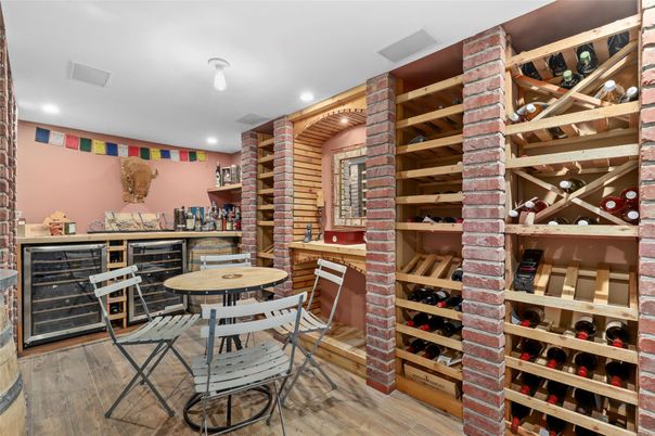 Dining room, Interior, Recessed Lighting, Wine Storage, Wood Texture Flooring