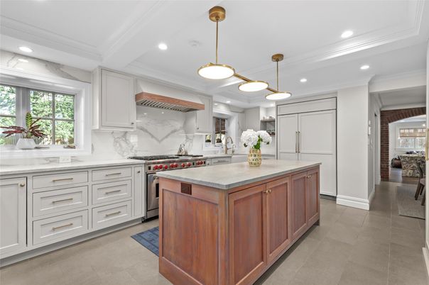 Interior, Kitchen, Marble Walls, Pendant Lights, Recessed Lighting, Stainless Steel Appliances