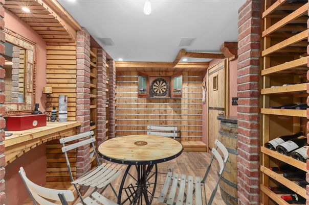 Interior, Recessed Lighting, Stone Walls, Wine Storage, Wood Texture Flooring, Wooden Walls