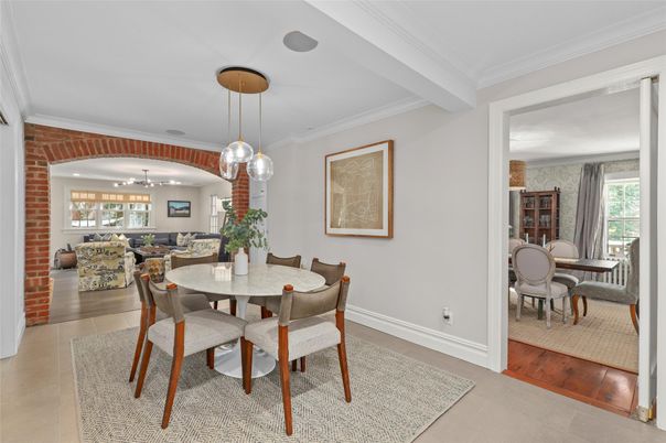 Dining room, Interior, Living room, Pendant Lights, Wood Texture Flooring