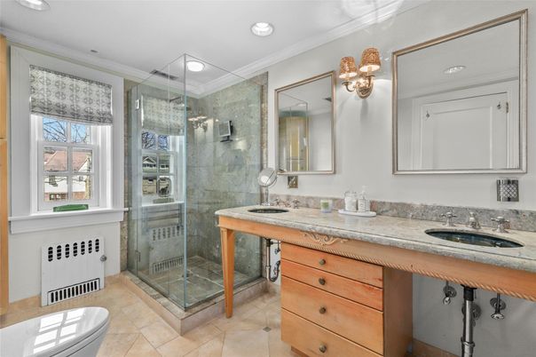 Bathroom, Dual Sink Vanities, Glass Shower, Interior, Recessed Lighting