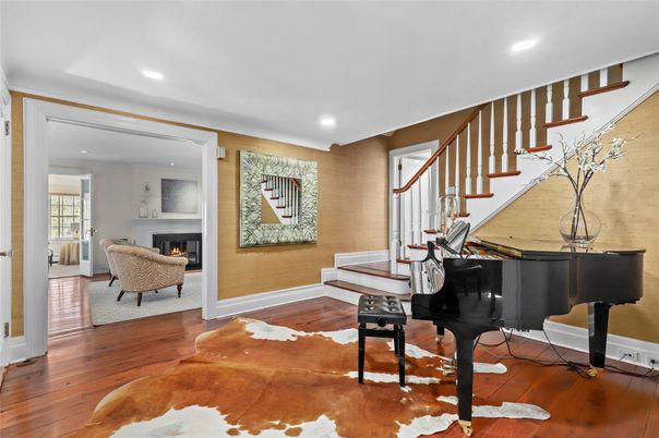 Fireplace, Interior, Piano, Recessed Lighting, Wood Texture Flooring