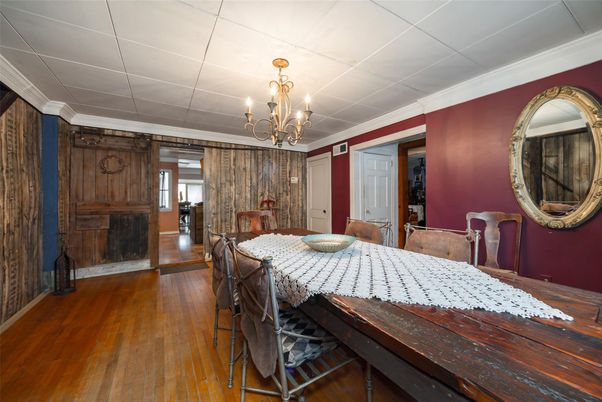 Chandelier, Dining room, Interior, Wood Texture Flooring, Wooden Walls