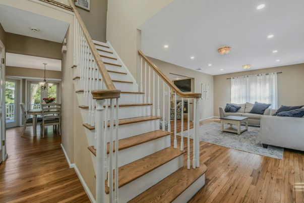 Dining room, Interior, Living room, Recessed Lighting, Wood Texture Flooring