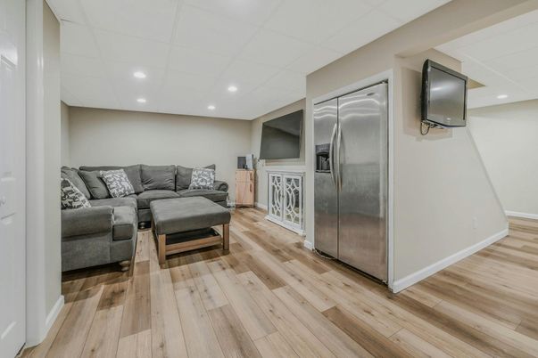 Interior, Kitchen, Living room, Recessed Lighting, Stainless Steel Appliances, Wood Texture Flooring