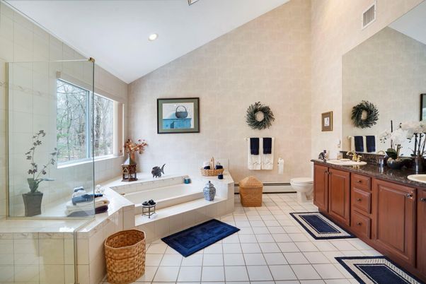 Bathroom, Dual Sink Vanities, Glass Shower, Interior, Recessed Lighting