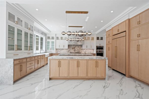 Interior, Kitchen, Marble, Pendant Lights, Recessed Lighting, Stainless Steel Appliances