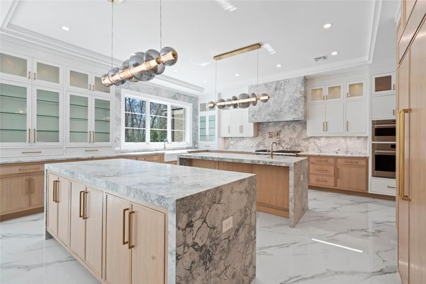 Interior, Kitchen, Marble, Pendant Lights, Recessed Lighting, Stainless Steel Appliances