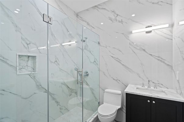 Bathroom, Glass Shower, Interior, Marble Walls, Recessed Lighting