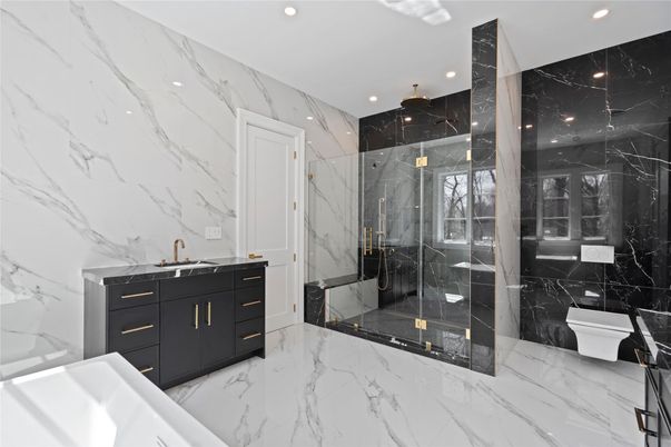 Bathroom, Glass Shower, Interior, Marble, Marble Walls, Recessed Lighting