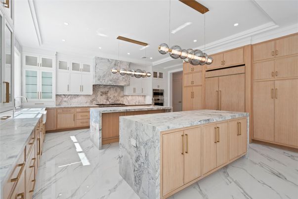 Interior, Kitchen, Marble, Pendant Lights, Recessed Lighting, Stainless Steel Appliances