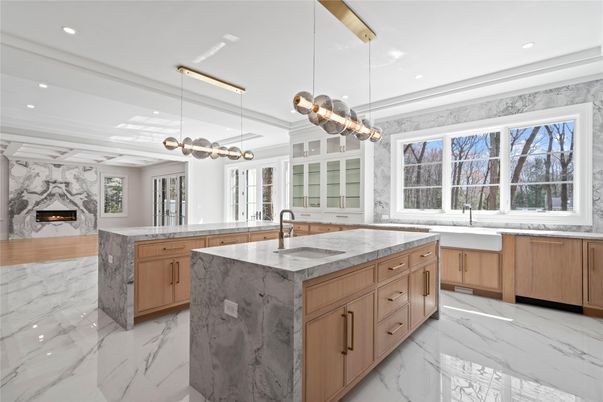 Interior, Kitchen, Marble, Marble Walls, Pendant Lights, Recessed Lighting