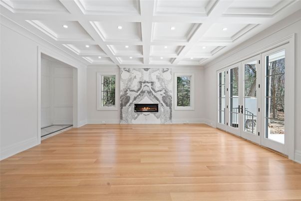 Empty room, Fireplace, Interior, Recessed Lighting, Wood Texture Flooring