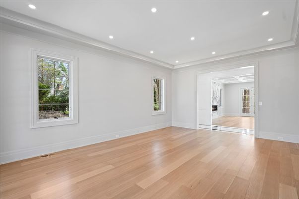 Empty room, Fireplace, Interior, Recessed Lighting, Wood Texture Flooring