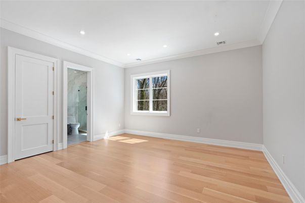 Bathroom, Empty room, Glass Shower, Interior, Recessed Lighting, Wood Texture Flooring