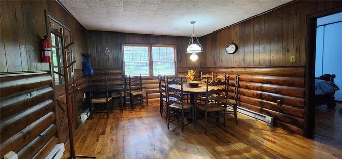 Dining room, Interior, Pendant Lights, Wood Texture Flooring, Wooden Walls