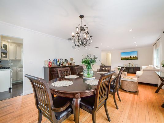 Chandelier, Dining room, Interior, Kitchen, Living room, Recessed Lighting, Wood Texture Flooring