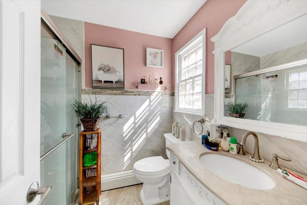 Bathroom, Glass Shower, Interior, Marble Walls, Wood Texture Flooring