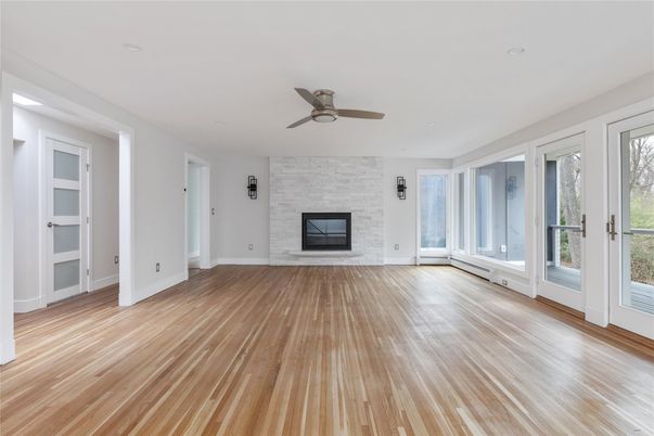 Empty room, Fireplace, Interior, Stone Walls, Wood Texture Flooring