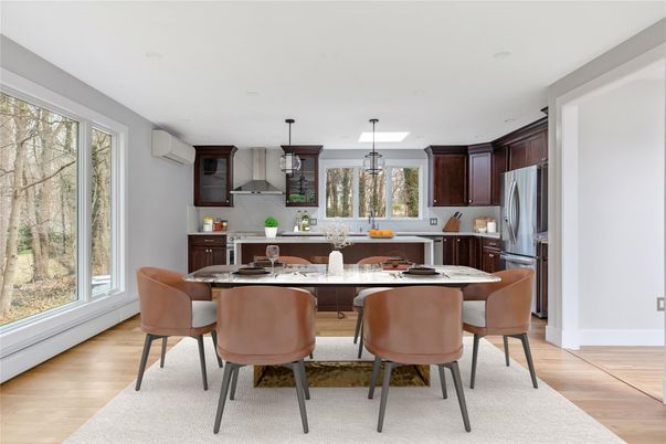 Dining room, Interior, Kitchen, Pendant Lights, Wood Texture Flooring