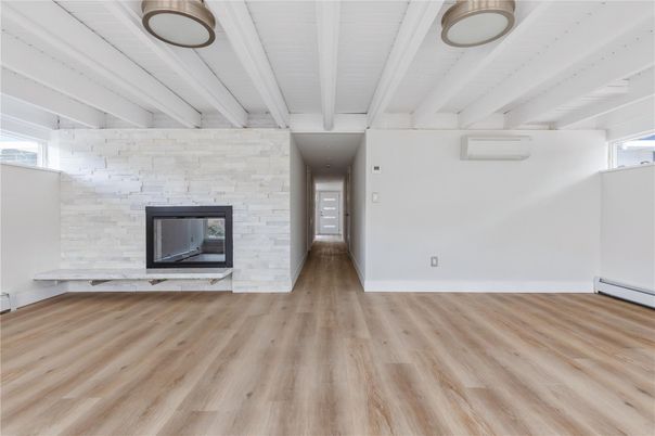 Empty room, Fireplace, Interior, Stone Walls, Wood Texture Flooring
