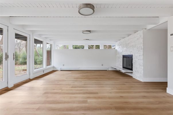 Empty room, Fireplace, Interior, Stone Walls, Wood Texture Flooring