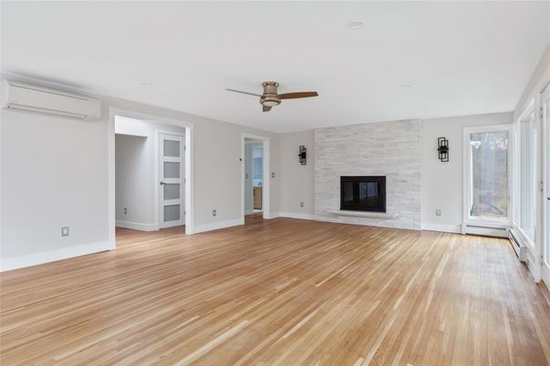 Empty room, Fireplace, Interior, Stone Walls, Wood Texture Flooring