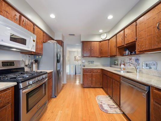 Interior, Kitchen, Recessed Lighting, Stainless Steel Appliances, Wood Texture Flooring