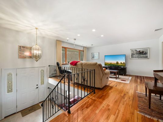 Interior, Living room, Pendant Lights, Recessed Lighting, Wood Texture Flooring