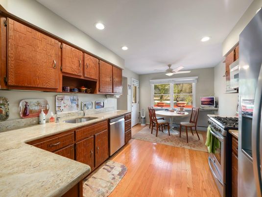 Dining room, Interior, Kitchen, Recessed Lighting, Wood Texture Flooring