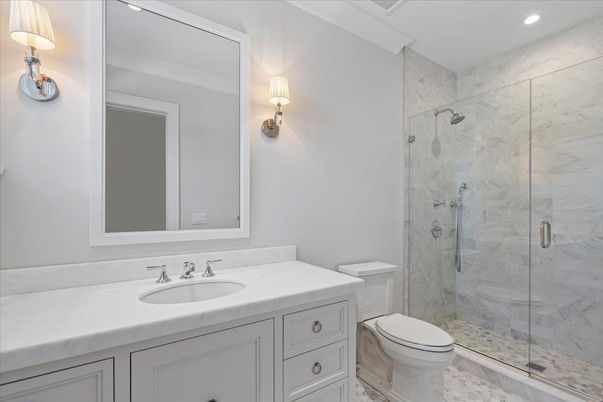 Bathroom, Glass Shower, Interior, Marble Walls, Recessed Lighting