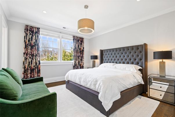 Bedroom, Interior, Pendant Lights, Recessed Lighting, Wood Texture Flooring