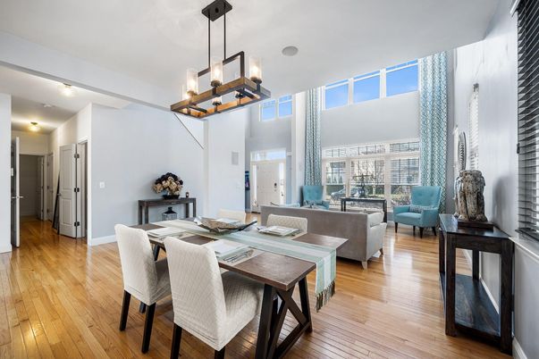 Dining room, Interior, Living room, Pendant Lights, Wood Texture Flooring