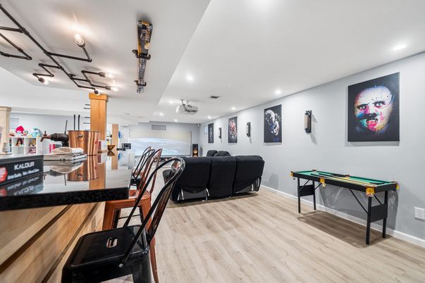 Billiard Table, Game Room, Interior, Recessed Lighting, Wood Texture Flooring