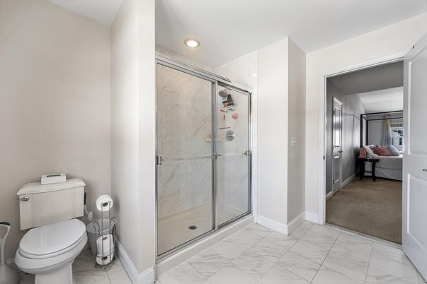 Bathroom, Glass Shower, Interior, Marble, Marble Walls, Recessed Lighting