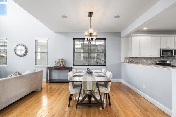 Dining room, Interior, Kitchen, Pendant Lights, Recessed Lighting, Wood Texture Flooring