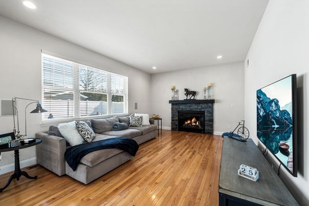 Fireplace, Interior, Living room, Recessed Lighting, Wood Texture Flooring