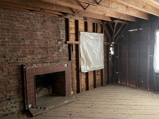 Empty room, Fireplace, Interior, Stone Walls, Wood Texture Flooring