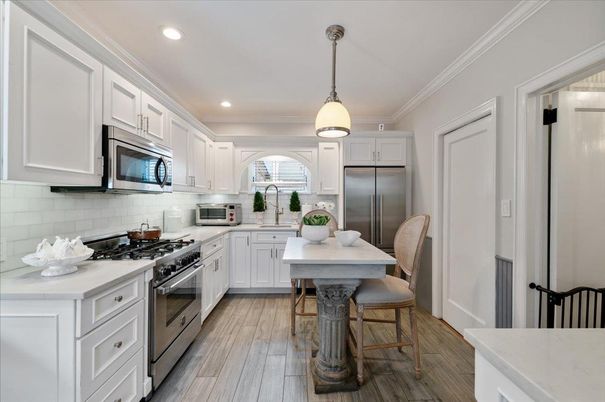 Interior, Kitchen, Pendant Lights, Recessed Lighting, Stainless Steel Appliances, Wood Texture Flooring