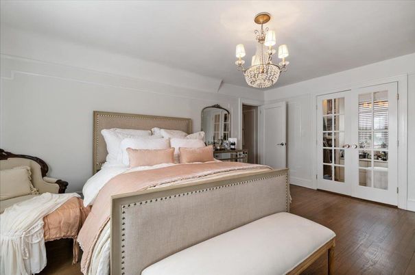 Bedroom, Chandelier, Interior, Wood Texture Flooring
