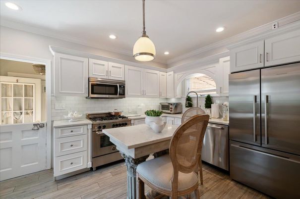 Interior, Kitchen, Pendant Lights, Recessed Lighting, Stainless Steel Appliances, Wood Texture Flooring