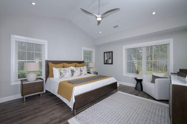 Bedroom, Interior, Recessed Lighting, Wood Texture Flooring