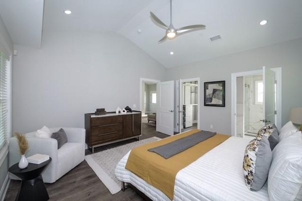 Bathroom, Bedroom, Glass Shower, Interior, Recessed Lighting, Wood Texture Flooring