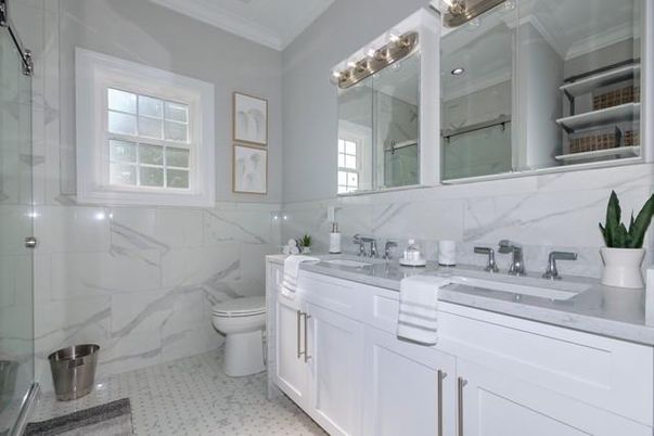 Bathroom, Dual Sink Vanities, Glass Shower, Interior, Marble Walls