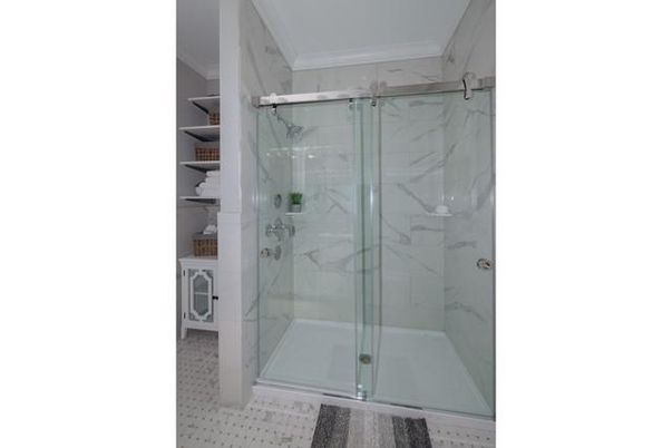 Bathroom, Glass Shower, Interior, Marble Walls, Recessed Lighting