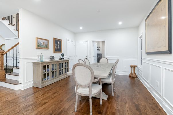 Dining room, Interior, Recessed Lighting, Wood Texture Flooring