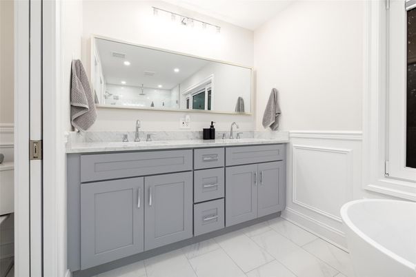 Bathroom, Dual Sink Vanities, Free Standing Baths, Interior, Marble, Recessed Lighting