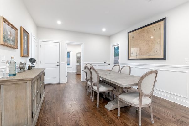 Dining room, Interior, Recessed Lighting, Wood Texture Flooring