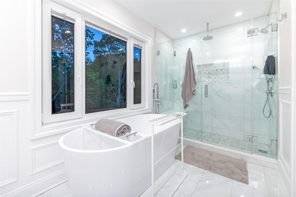 Bathroom, Free Standing Baths, Glass Shower, Interior, Marble, Marble Walls, Recessed Lighting